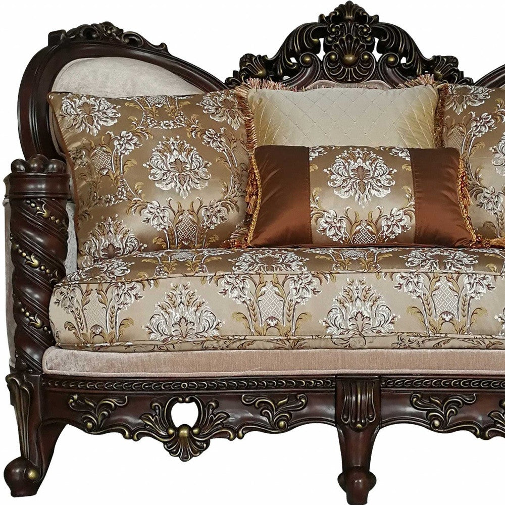 68" Cream And Brown Polyester Blend Damask Chesterfield Loveseat and Toss Pillows