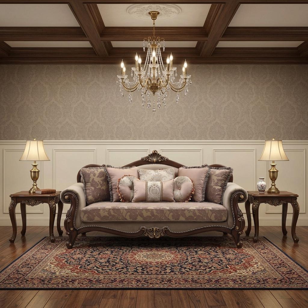 88" Beige Velvet Floral Sofa And Toss Pillows With Brown Legs