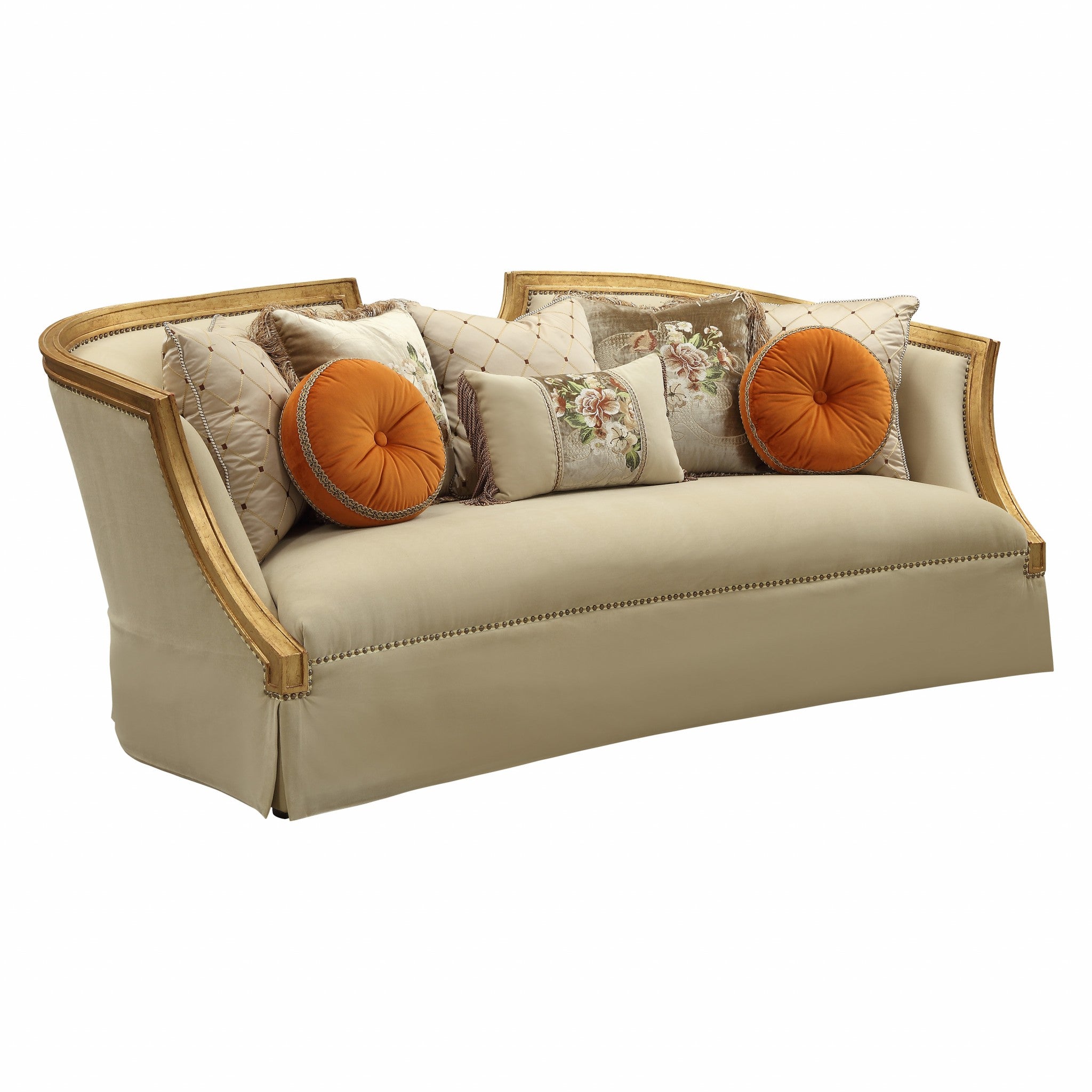 41" X 92" X 38" Fabric Antique Gold Upholstery Wood LegTrim Sofa w8 Pillows