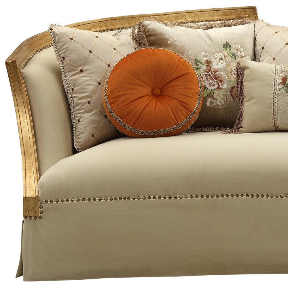 41" Beige Velvet Curved Sofa And Toss Pillows With Natural Legs