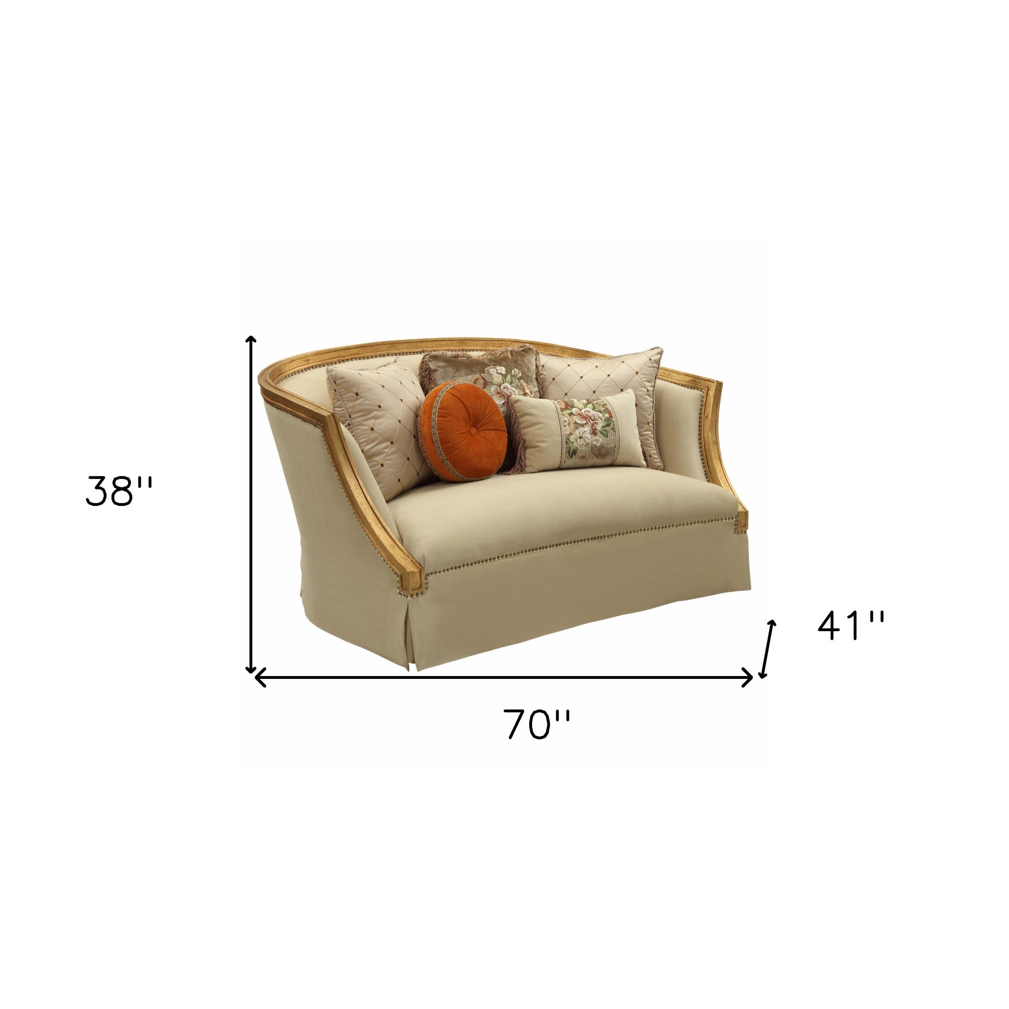 70" Tan And Gold Polyester Blend Curved Loveseat and Toss Pillows