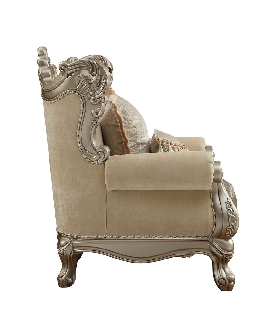 47" Beige Green and Champagne Fabric Geometric Arm Chair And Toss Pillow