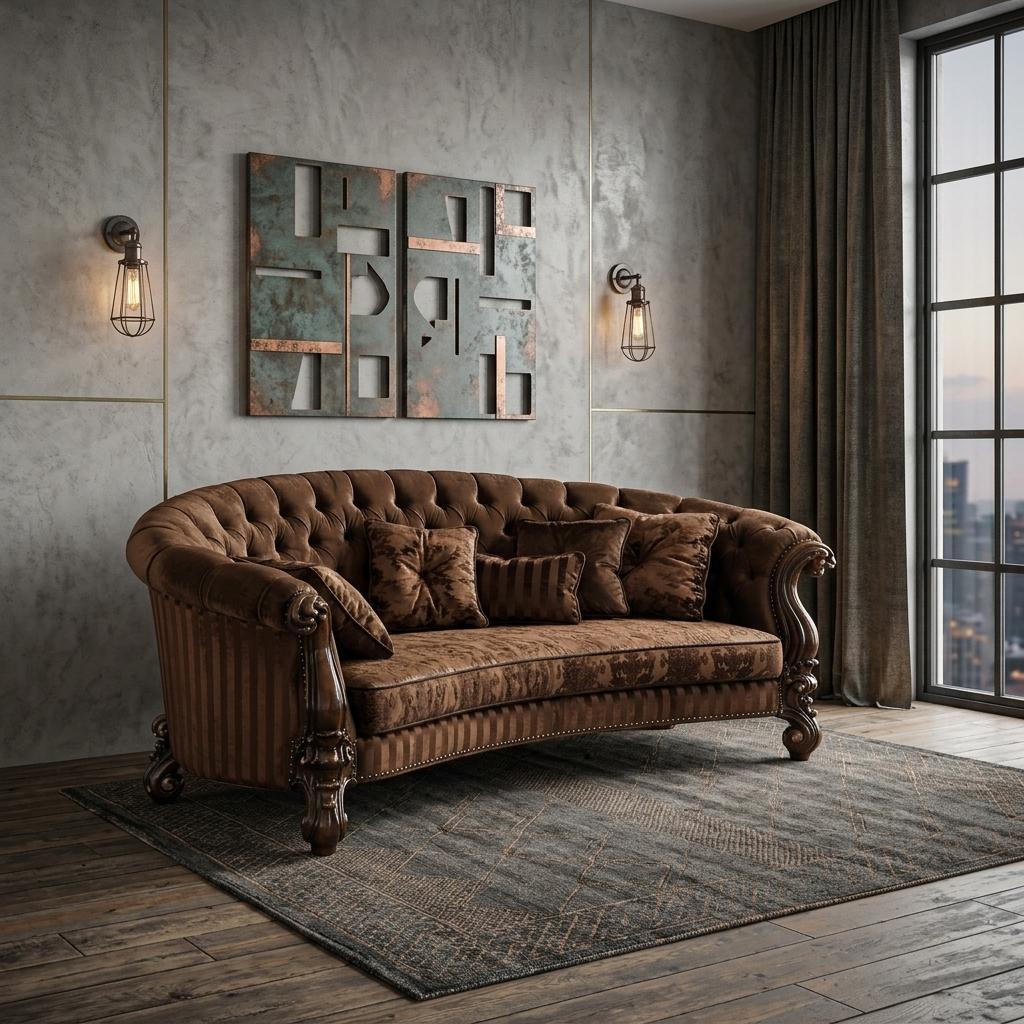 55" Brown Velvet Curved Sofa And Toss Pillows