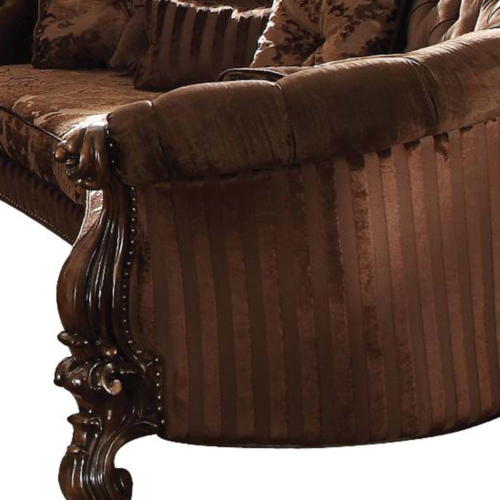 55" X 109" X 39" Brown Velvet Cherry Oak Upholstery Poly Resin Sofa w5 Pillows
