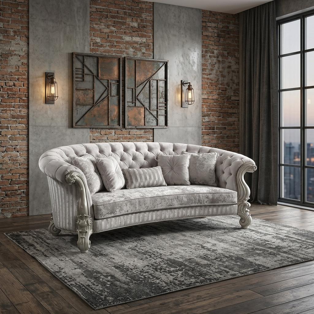 55" Ivory Velvet Curved Floral Sofa And Toss Pillows With Gray Legs