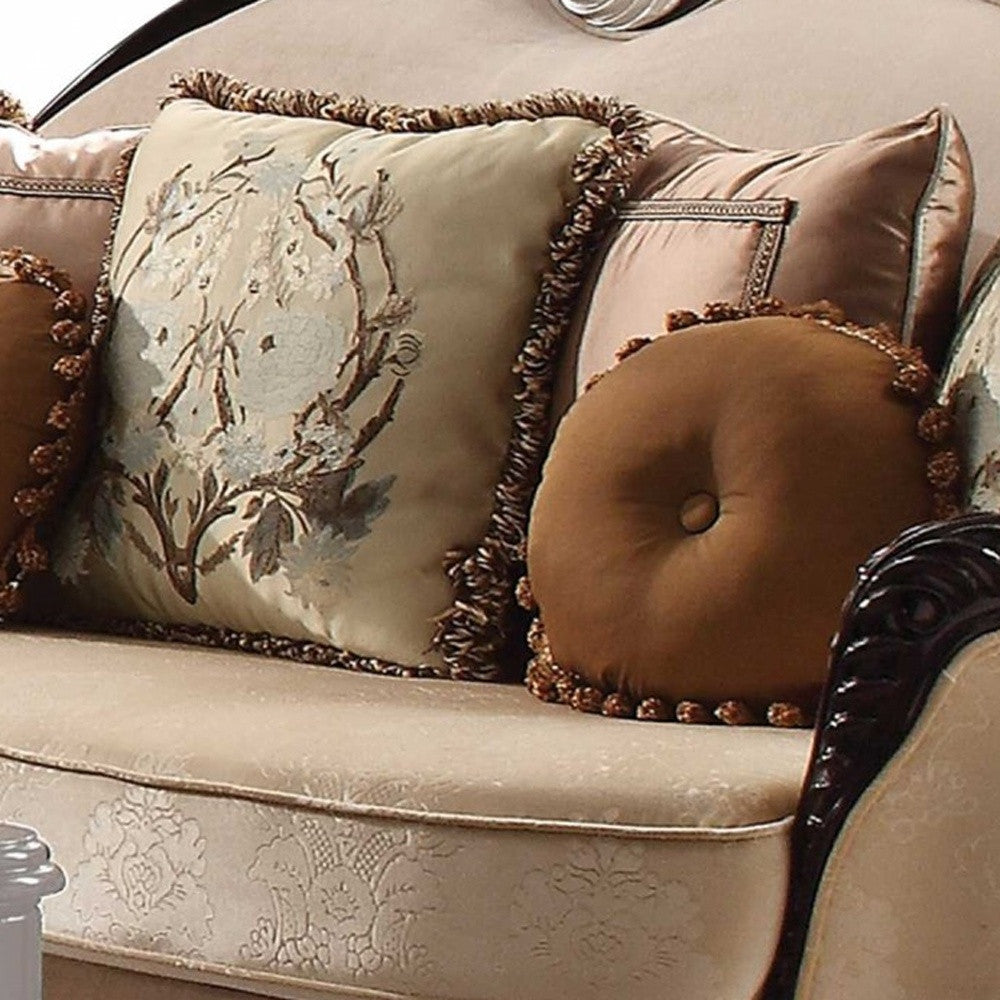 41" X 91" X 50" Tan Fabric Black Upholstery Wood Sofa W7 Pillows