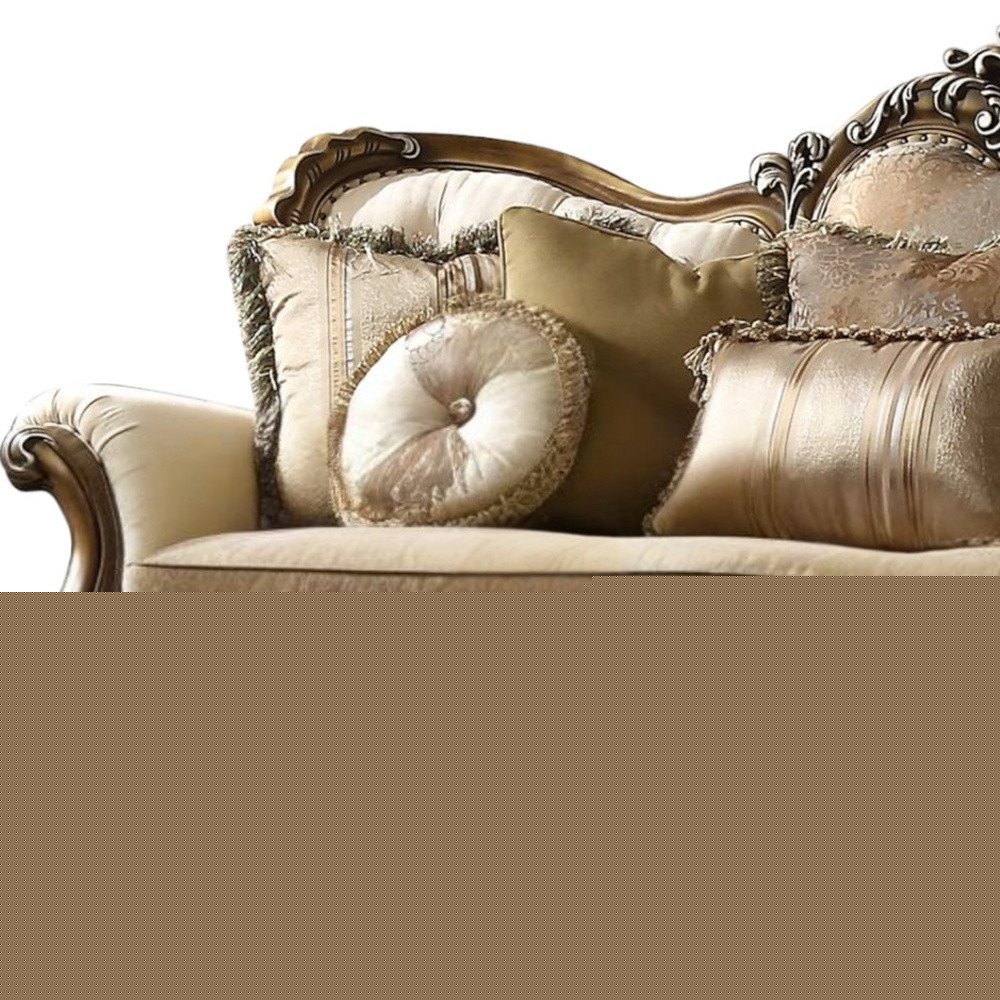 89" Tan Polyester Blend Curved Floral Sofa And Toss Pillows With Brown Legs