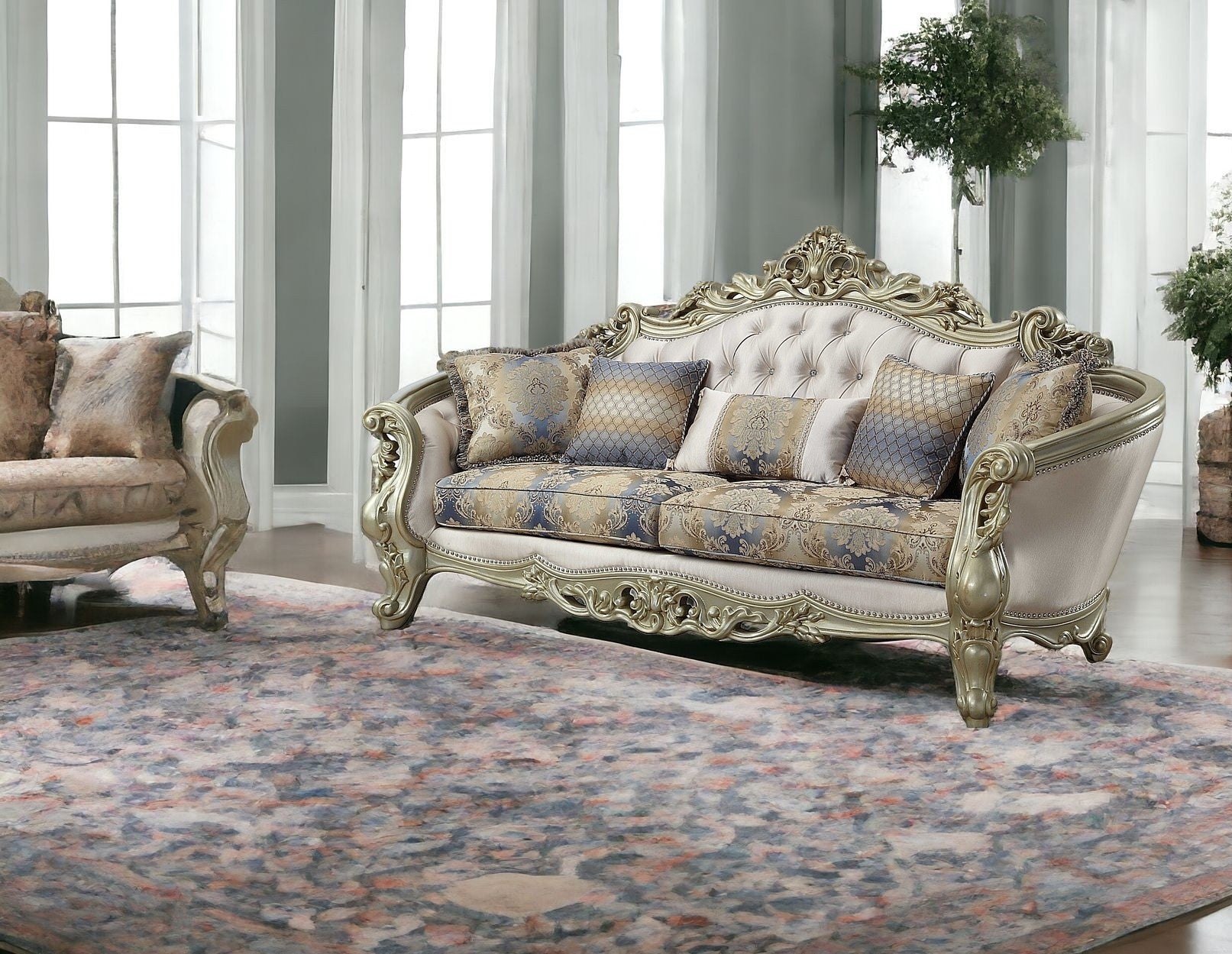 40" Antiqued White Velvet Curved Floral Sofa And Toss Pillows With Champagne Legs