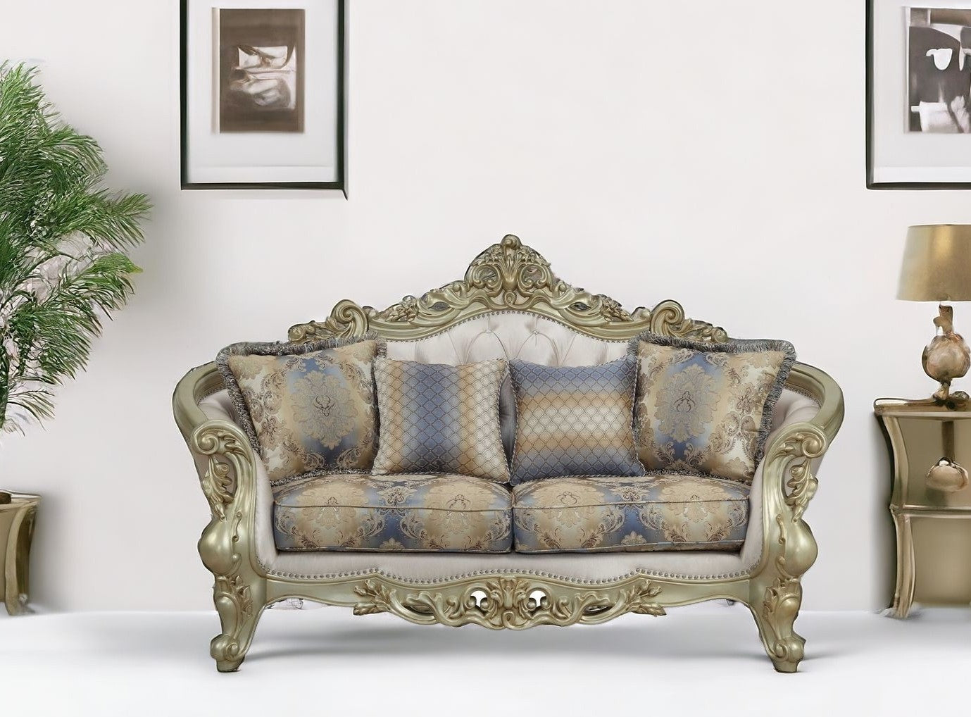78" Gold Polyester Blend Floral Loveseat and Toss Pillows
