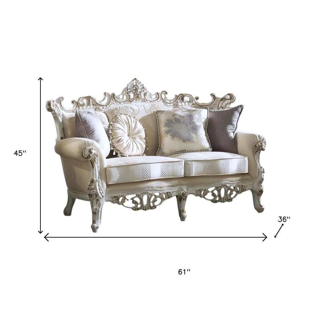 61" Ivory And Silver Damask Chesterfield Loveseat