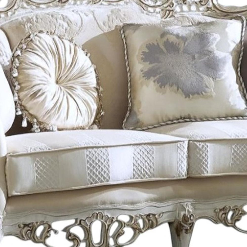 61" Ivory And Silver Damask Chesterfield Loveseat