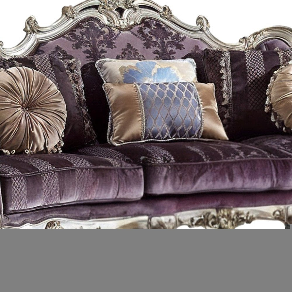 52" Dark Purple Velvet Curved Striped Sofa And Toss Pillows With Platinum Legs