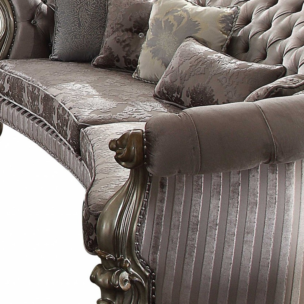 55" Gray And Champagne Velvet Curved Floral Sofa And Toss Pillows