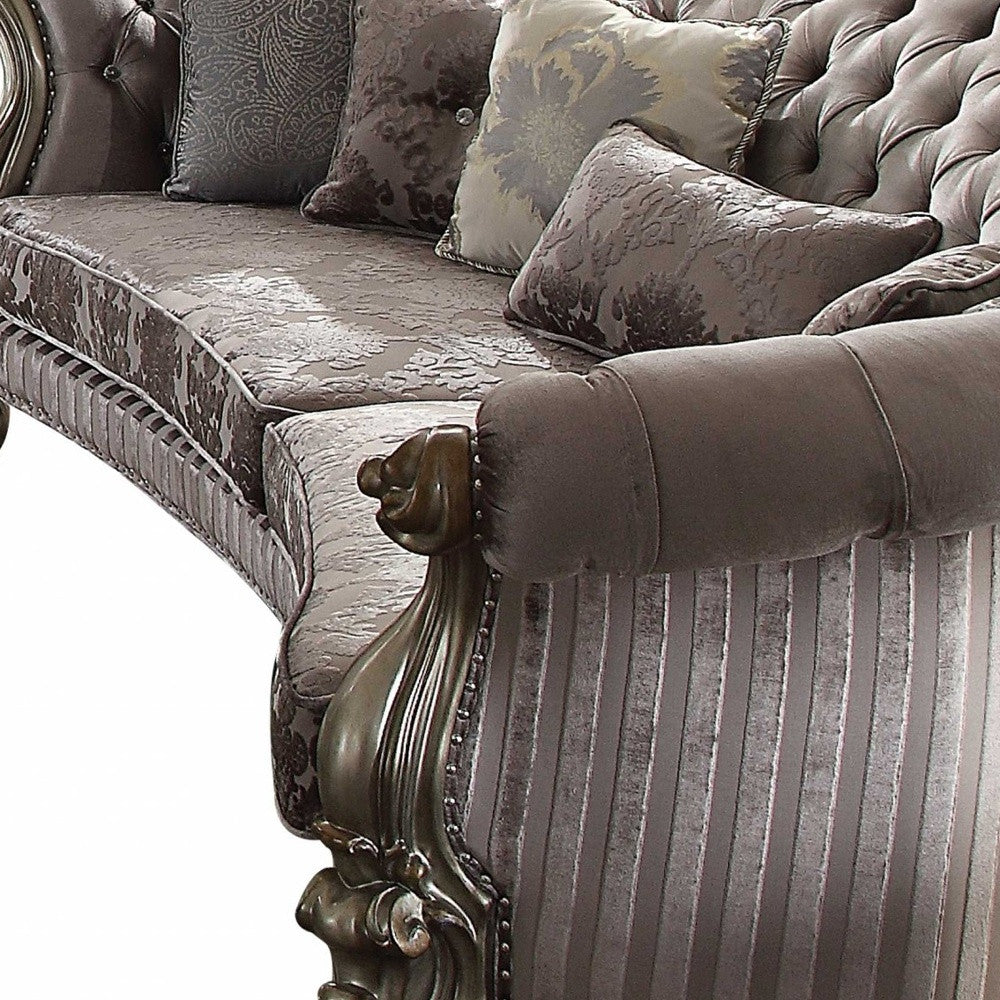 55" Gray Velvet Curved Floral Sofa And Toss Pillows With Champagne Legs