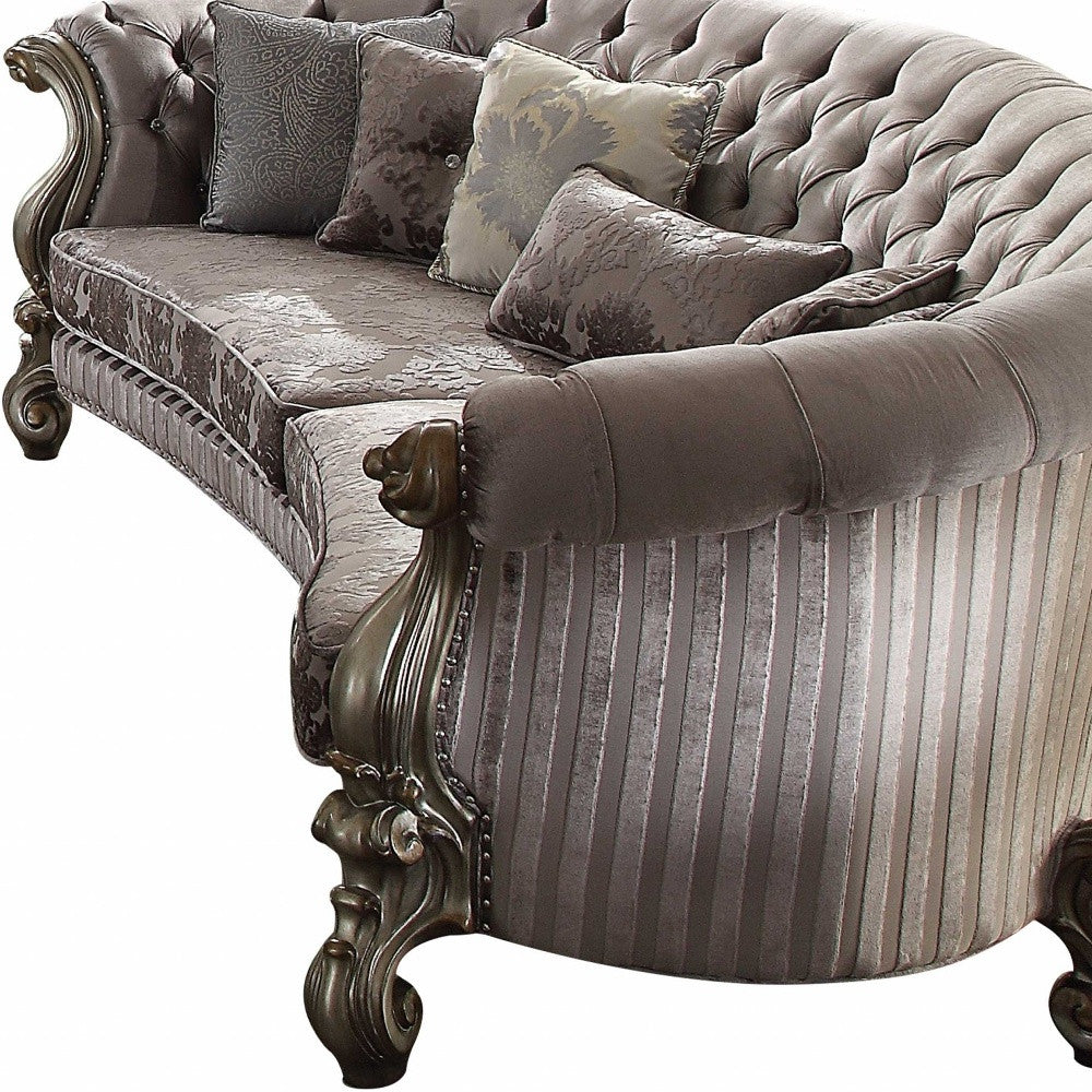55" Gray And Champagne Velvet Curved Floral Sofa And Toss Pillows