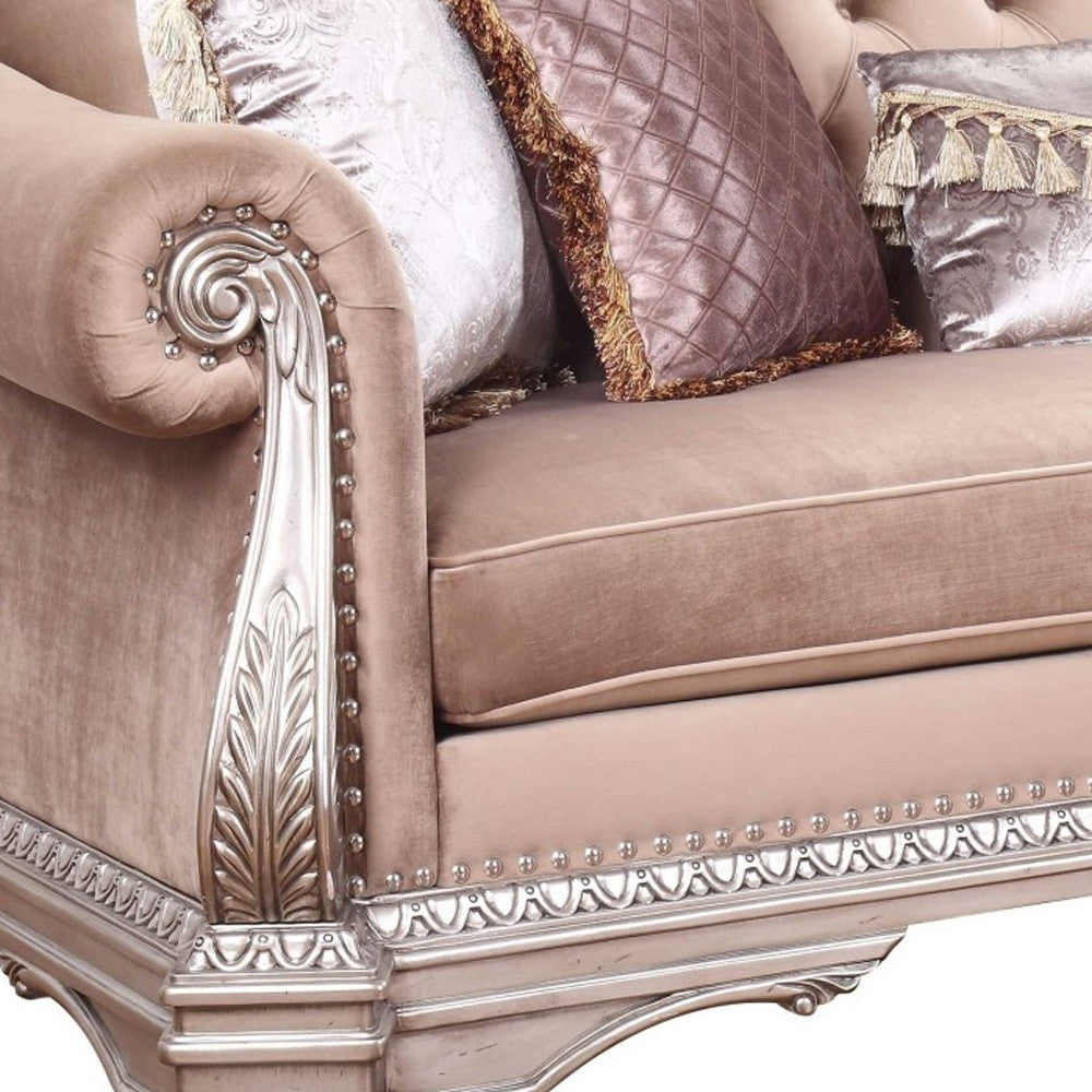 42" X 100" X 42" Velvet Antique Champagne Upholstery PolyResin Sofa w5 Pillows