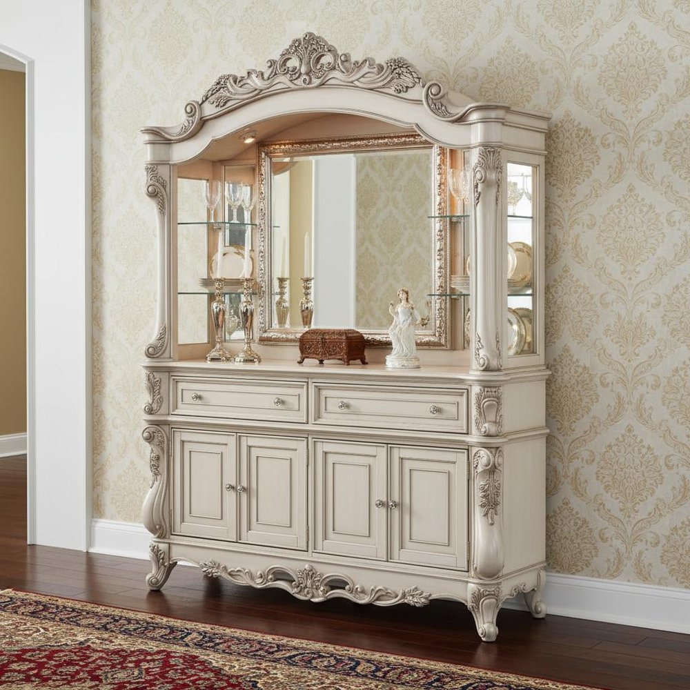 24" X 75" X 106" Antique White Wood Glass Mirror Hutch  Buffet