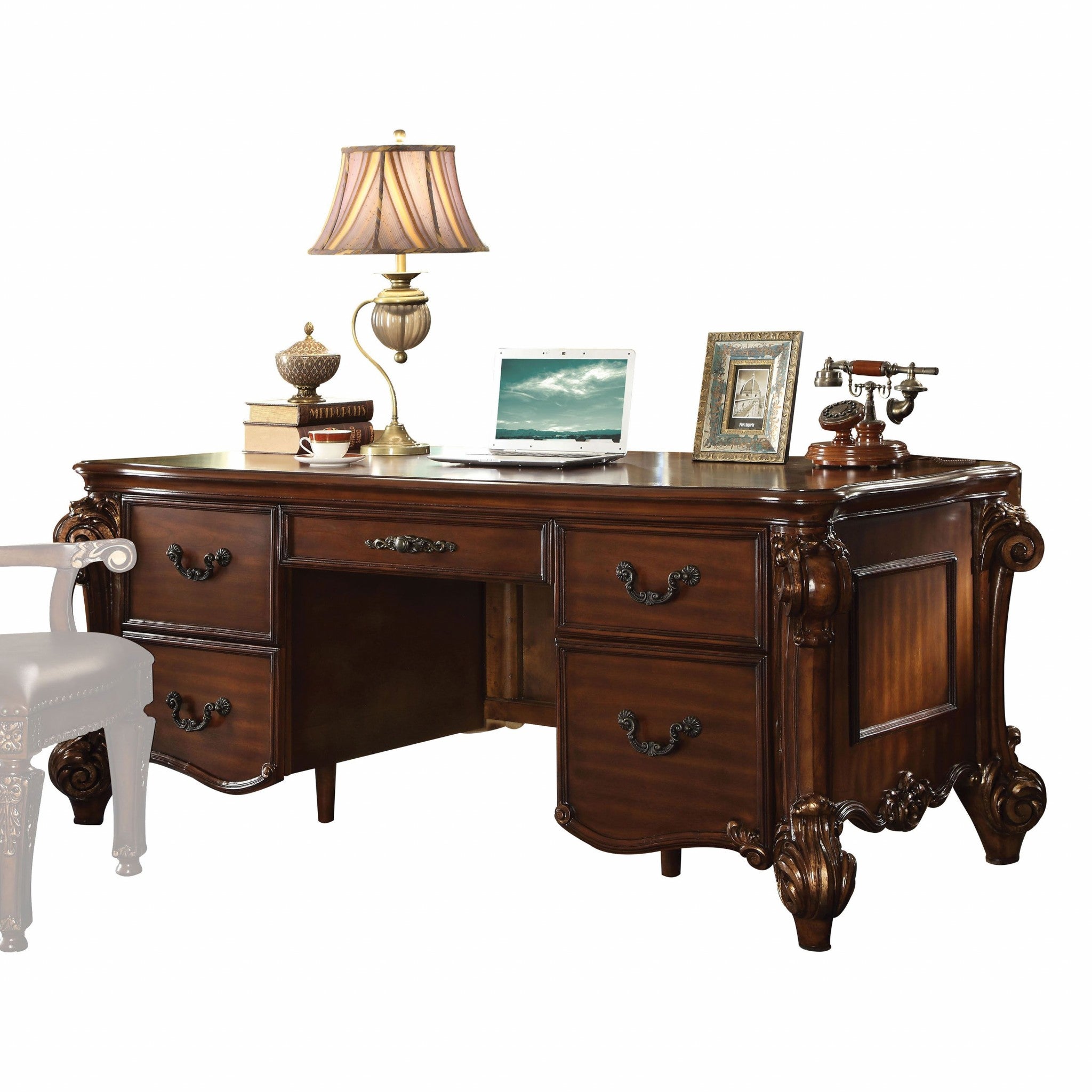 74" Brown Executive Desk With Five Drawers