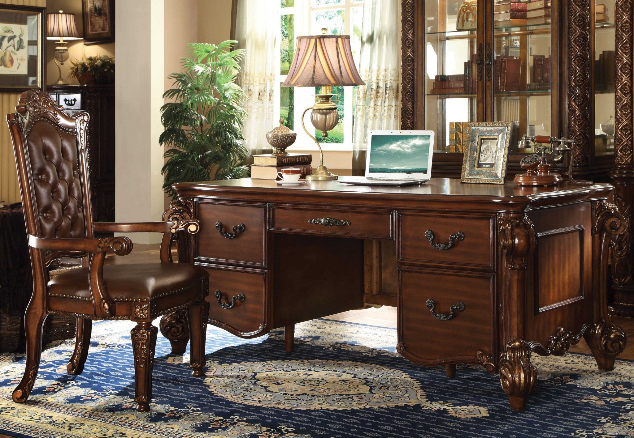 74" Brown Executive Desk With Five Drawers