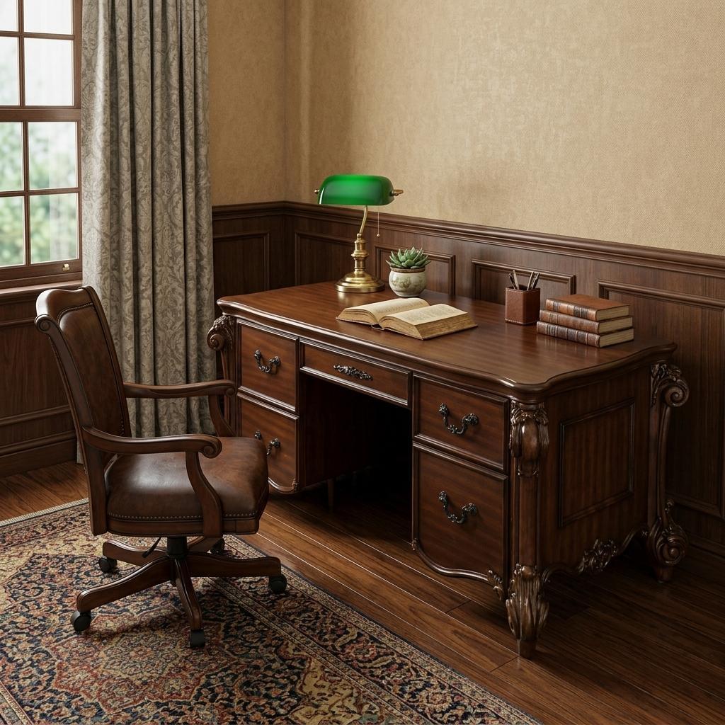 74" Brown Executive Desk With Five Drawers