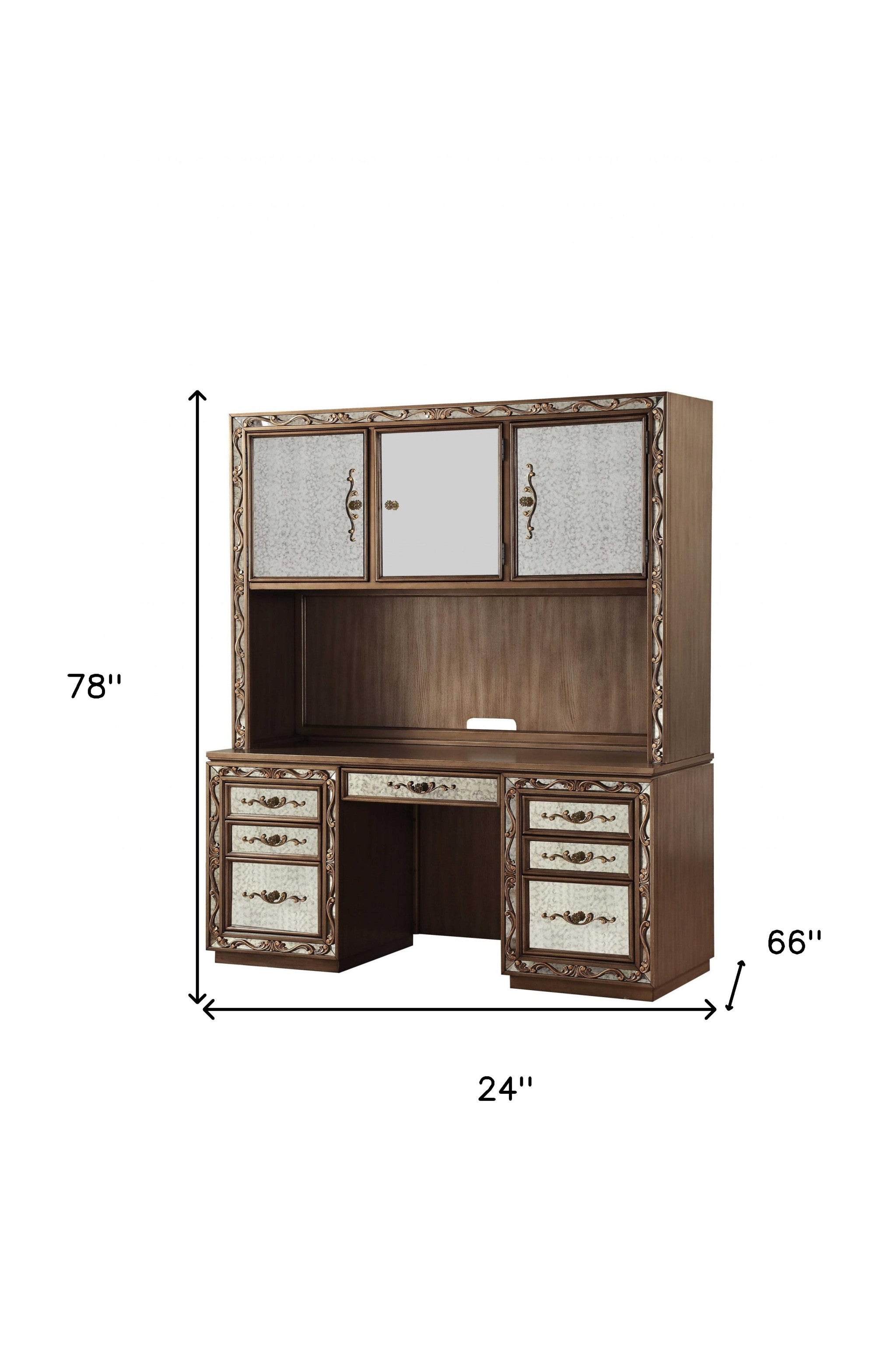 66" Gold Mirrored Computer Desk With Hutch With Three Cabinets Seven Drawers