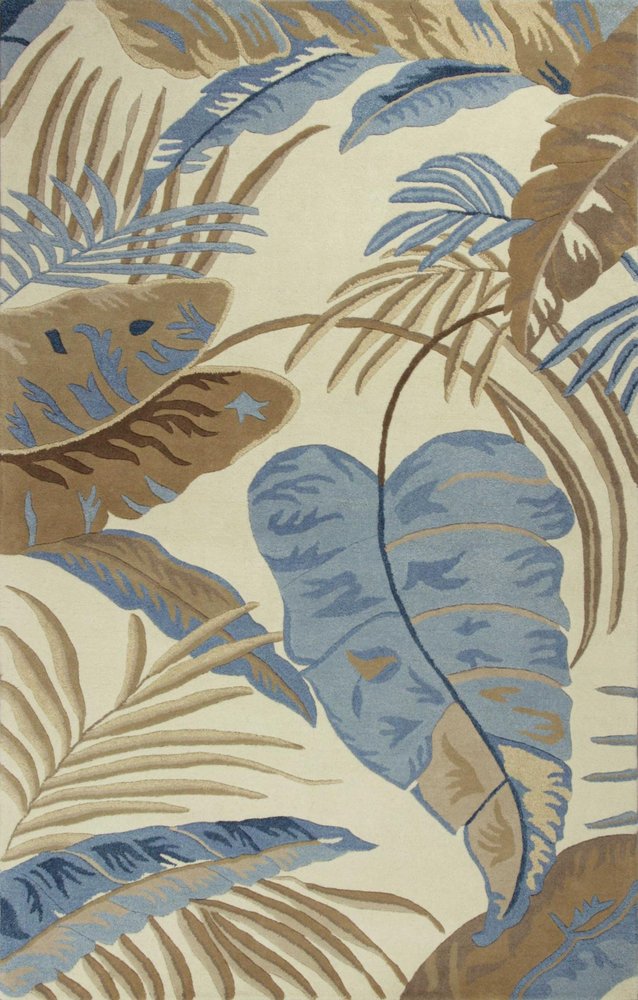 5' X 8' Ivory Blue And Brown Wool Tropical Botanical Hand Tufted Area Rug