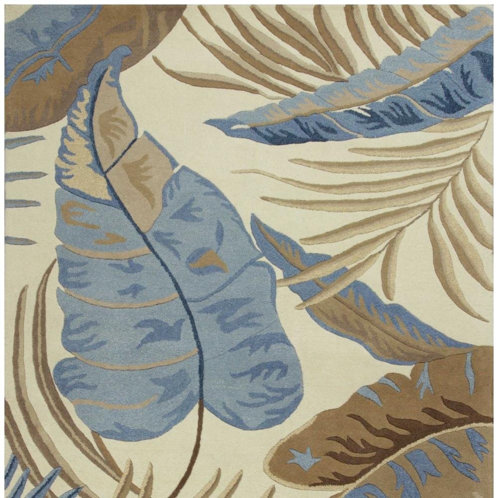5' X 8' Ivory Blue And Brown Wool Tropical Botanical Hand Tufted Area Rug