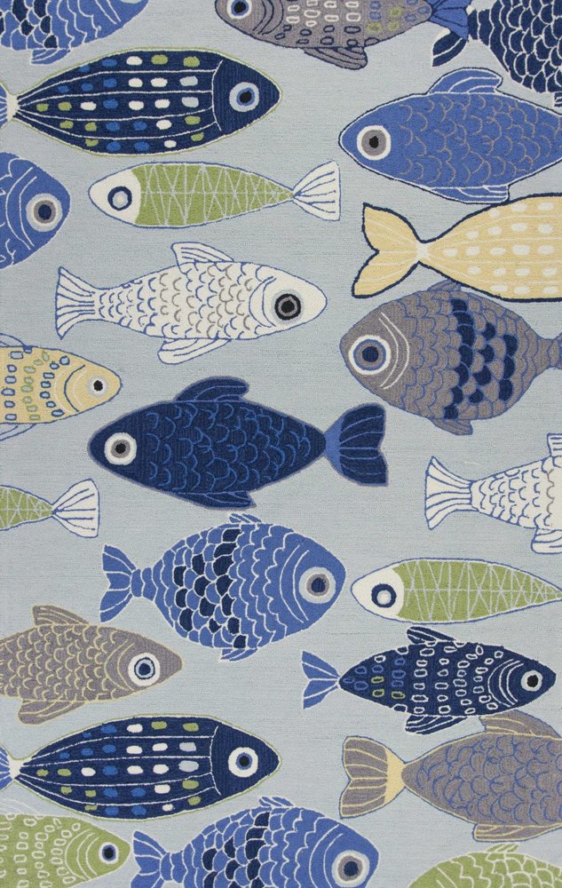 7' X 9' Blue Ivory And Green Fish Hand Tufted Area Rug