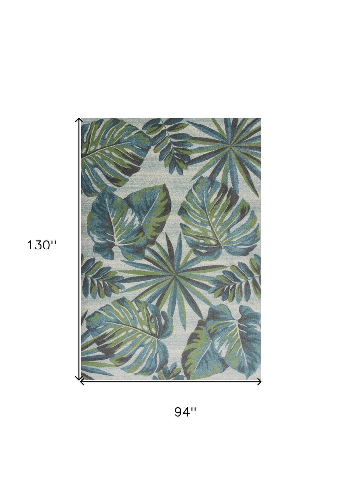 7' X 10' Beige Teal And Green Tropical Botanical Area Rug