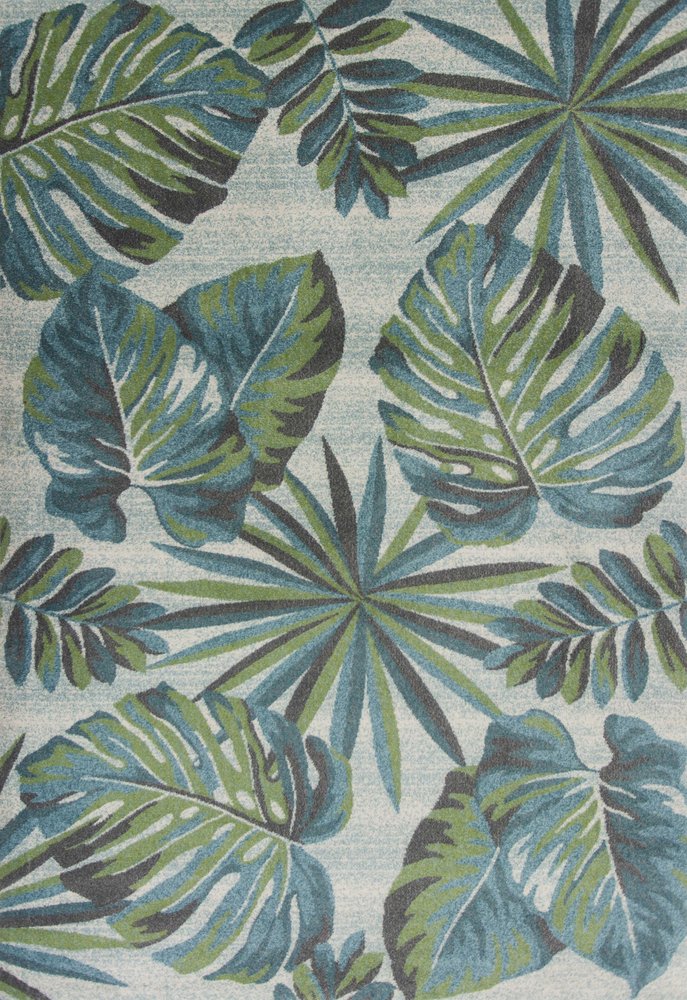 7' X 10' Beige Teal And Green Tropical Botanical Area Rug