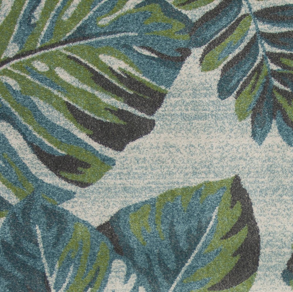 7' X 10' Beige Teal And Green Tropical Botanical Area Rug