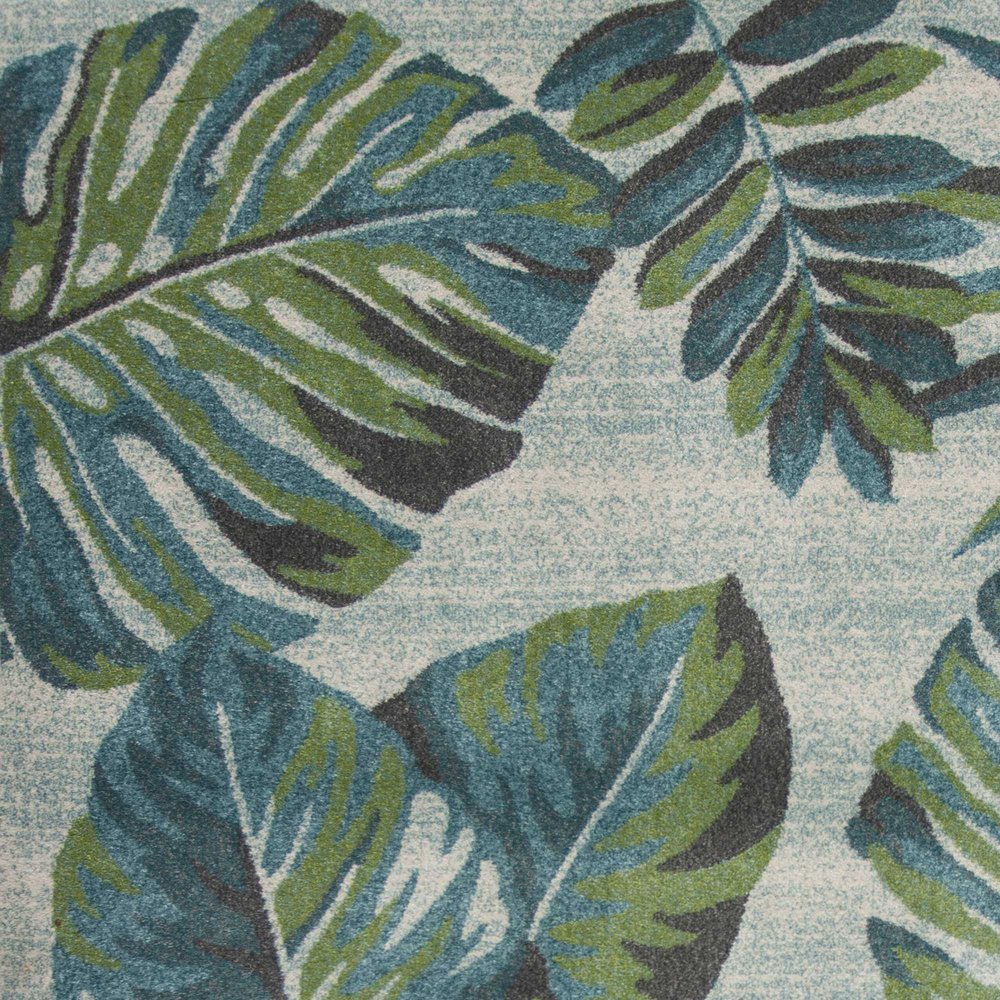 7' X 10' Beige Teal And Green Tropical Botanical Area Rug
