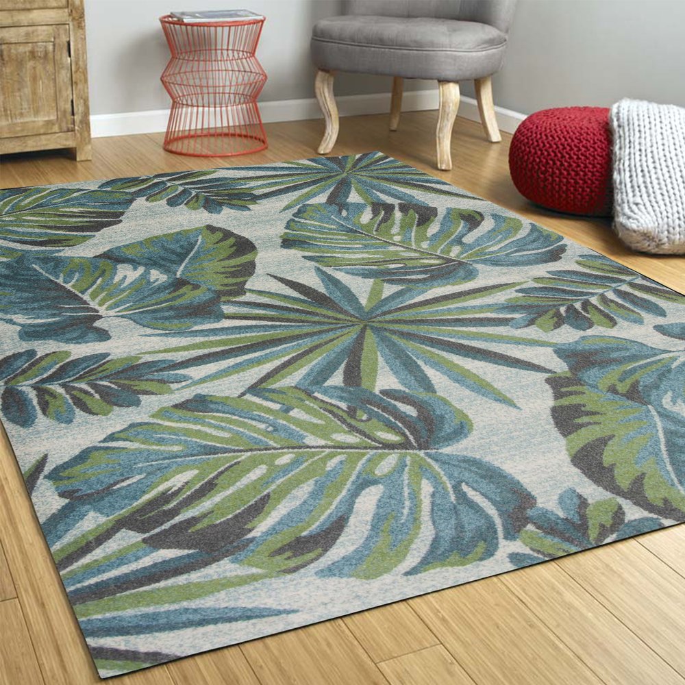 7' X 10' Beige Teal And Green Tropical Botanical Area Rug