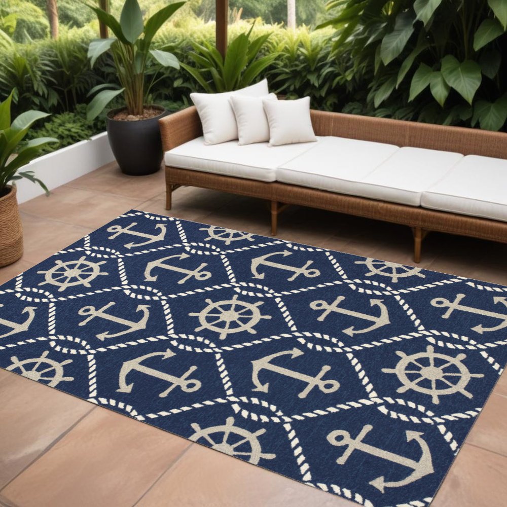 7' X 9' Navy Blue Nautical Handmade Indoor Outdoor Area Rug