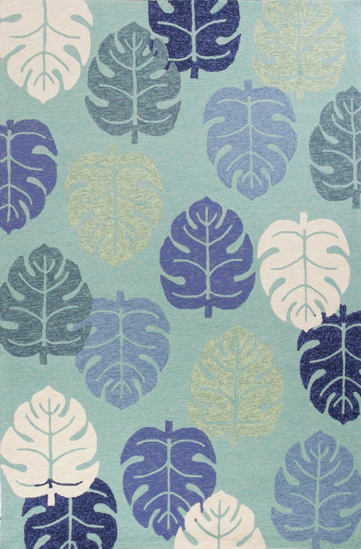 7' X 9' Turquoise And Ivory Botanical Leaves Hand Tufted Area Rug