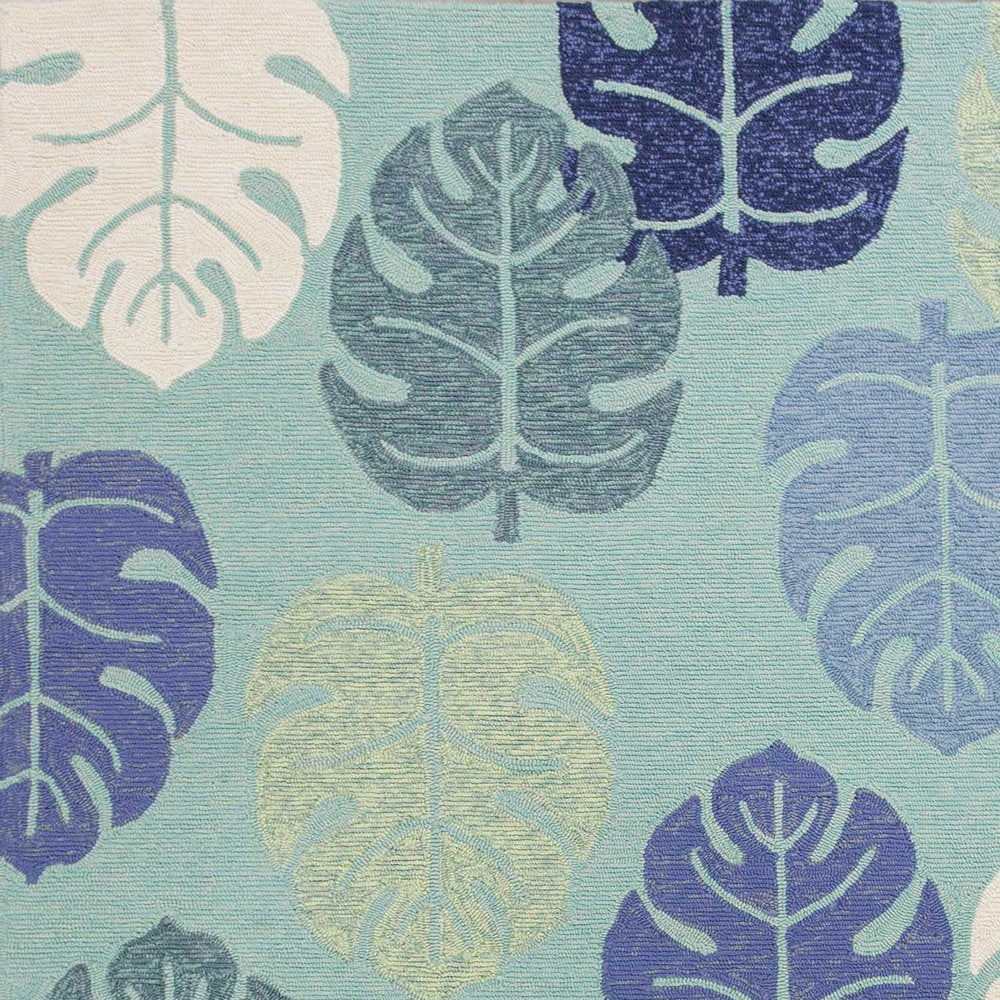 7' X 9' Turquoise And Ivory Botanical Leaves Hand Tufted Area Rug
