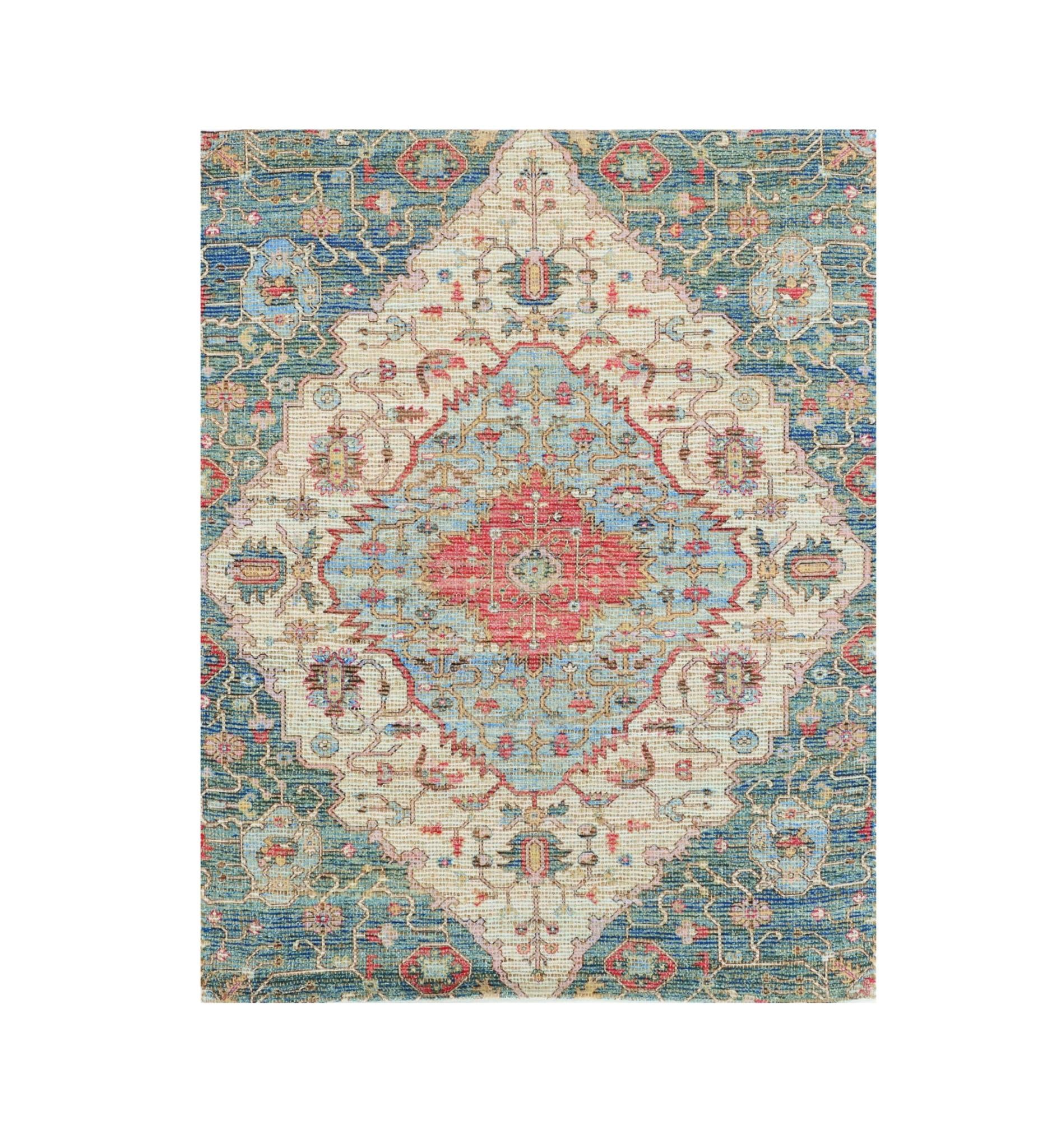 7' X 12' Blue Beige And Brick Red Jute Medallion Handmade Area Rug