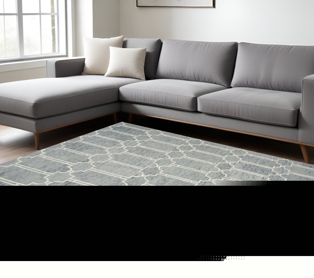 8' X 10' Slate Blue And Ivory Wool Geometric Hand Tufted Area Rug