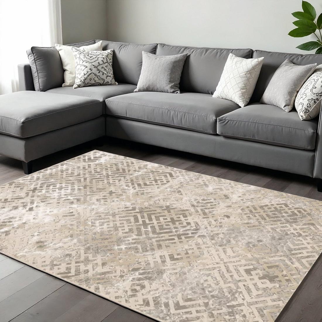 7' X 10' Sand And Light Blue Geometric Area Rug