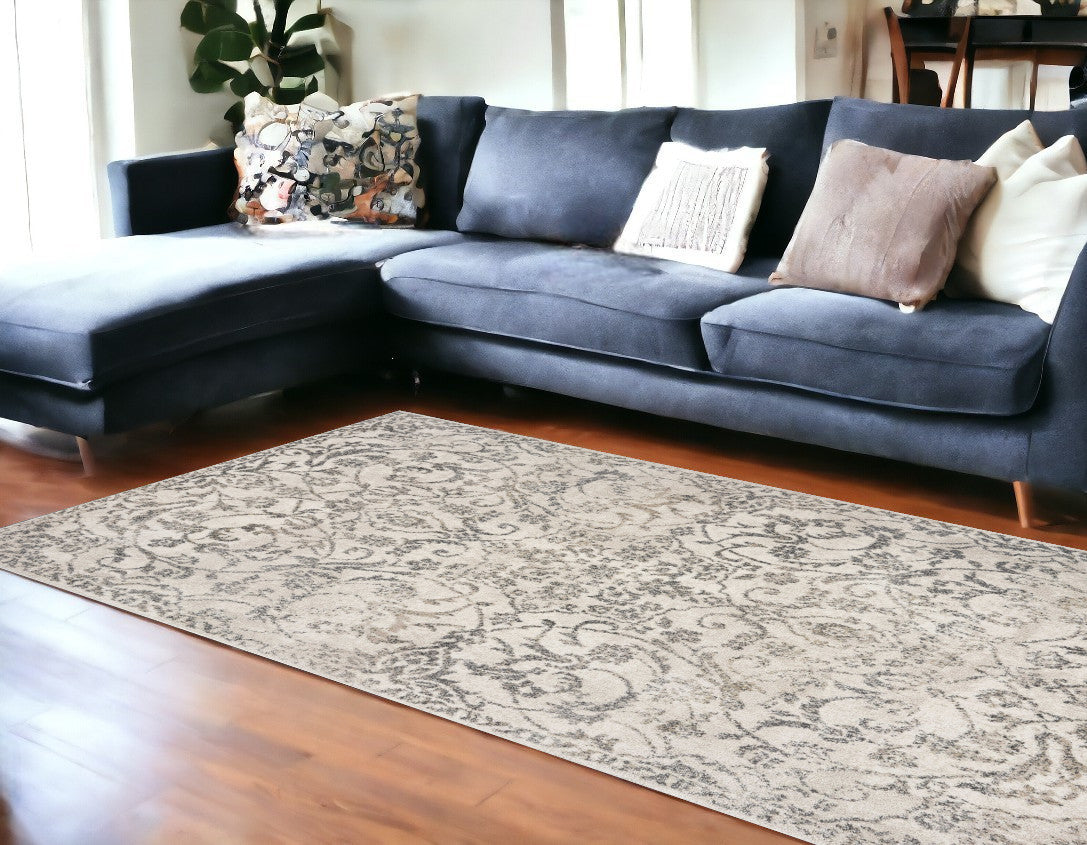 8' x 10' Ivory and Gray Floral Vines Distressed Area Rug