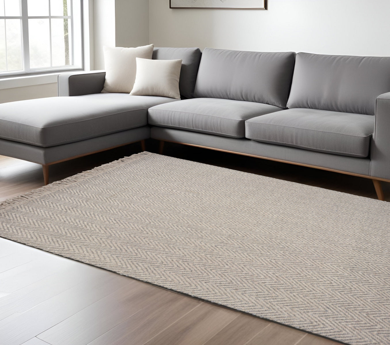 8' X 10' Beige And Gray Wool Chevron Hand Woven Area Rug With Fringe