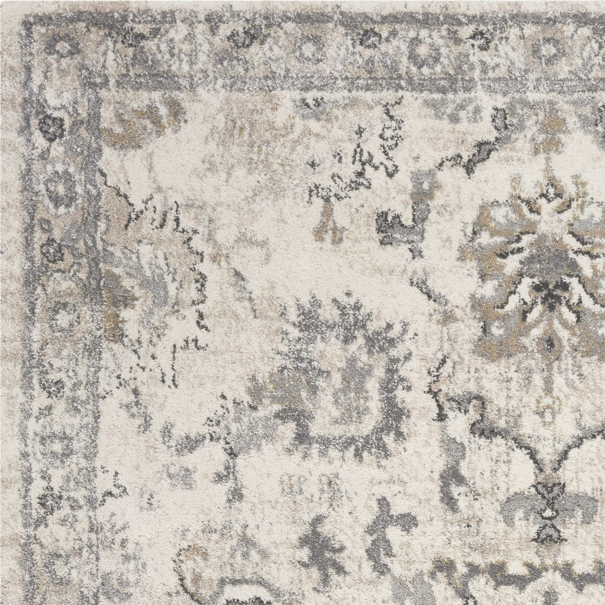 9' X 13' Ivory And Gray Floral Medallion Distressed Area Rug