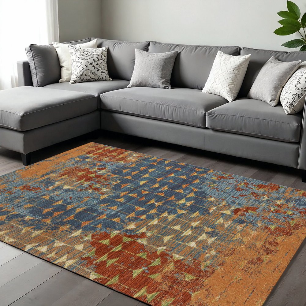 9' X 13' Blue Red And Orange Abstract Area Rug
