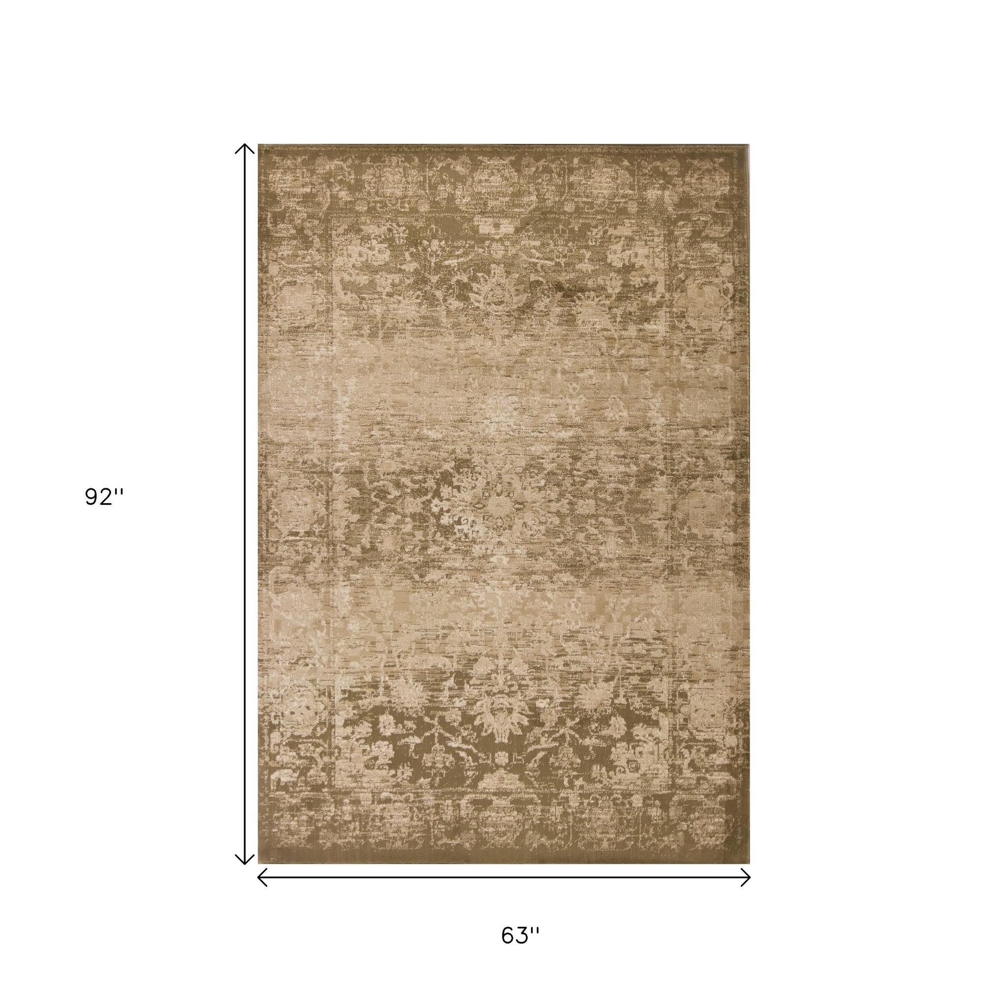 5' X 8' Beige And Tan Floral Medallion Distressed Area Rug
