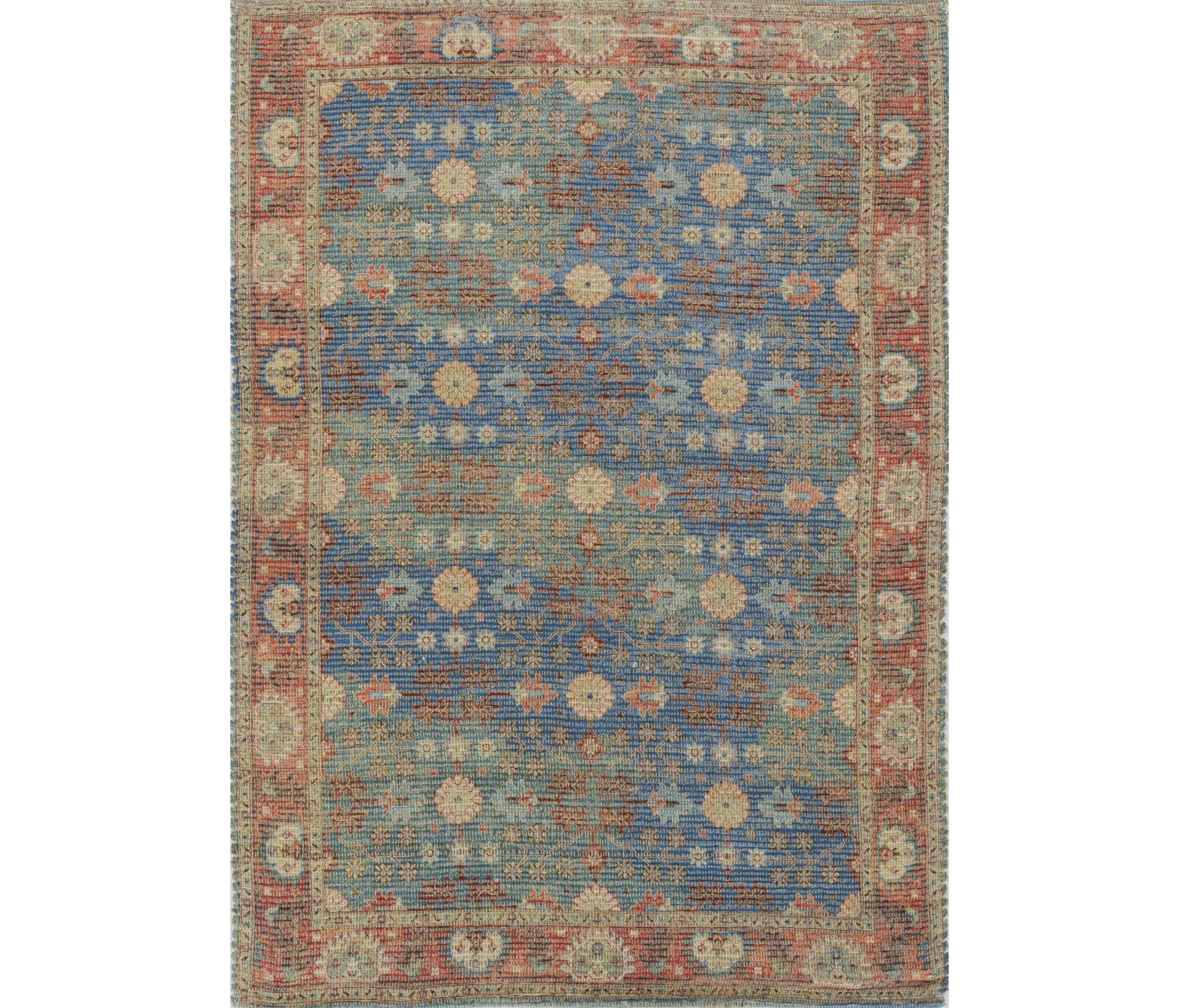 5' X 7' Blue Red And Beige Floral Medallion Hand Woven Distressed Area Rug
