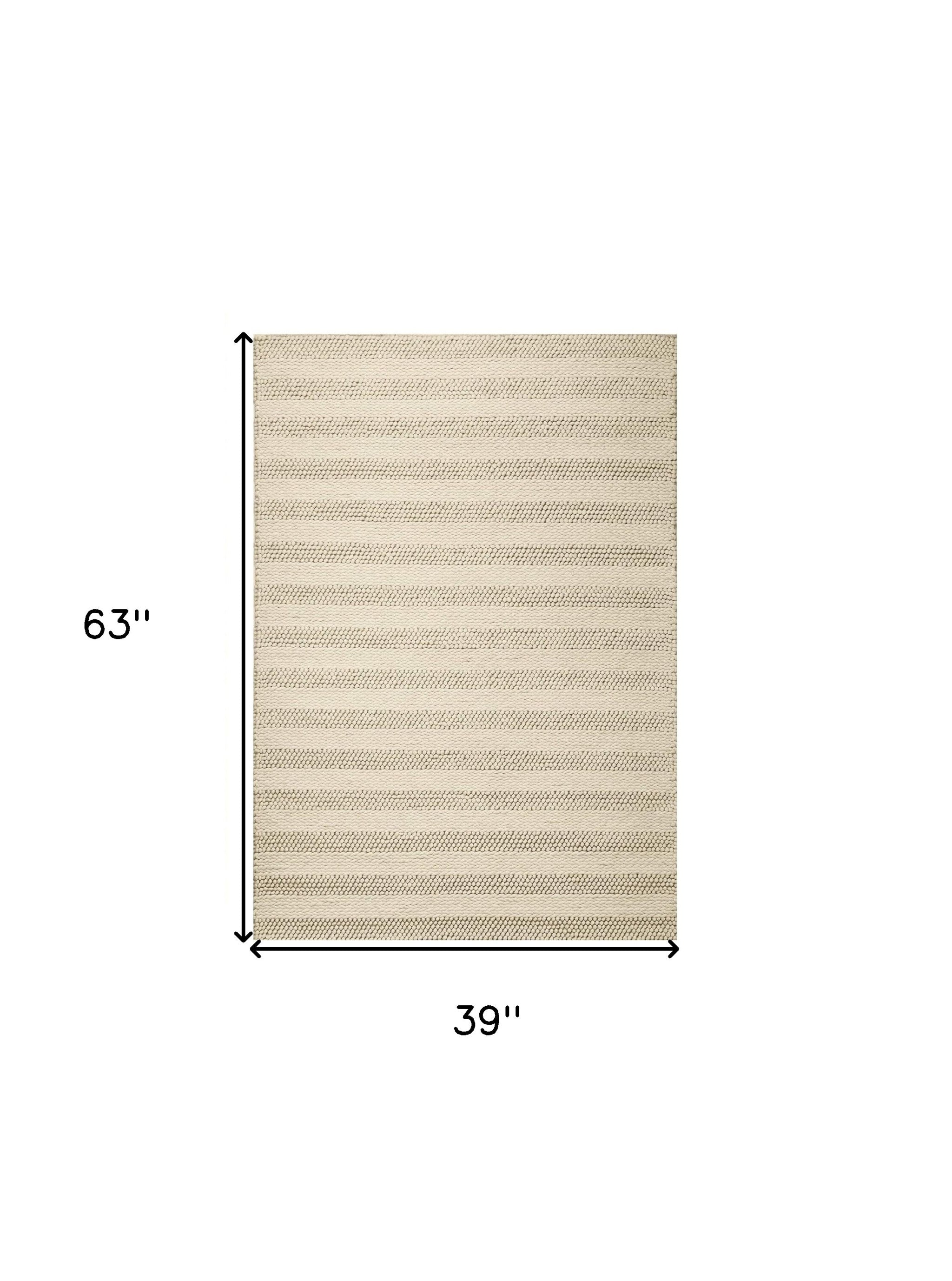 3' X 5' Ivory And White New Zealand Lambs Wool Striped Hand Woven Area Rug