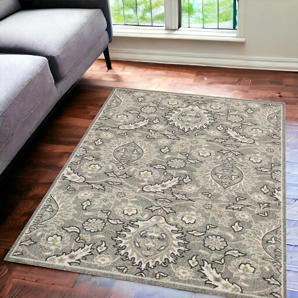 7' X 9' Gray and Ivory Floral Vines Area Rug With UV Protection