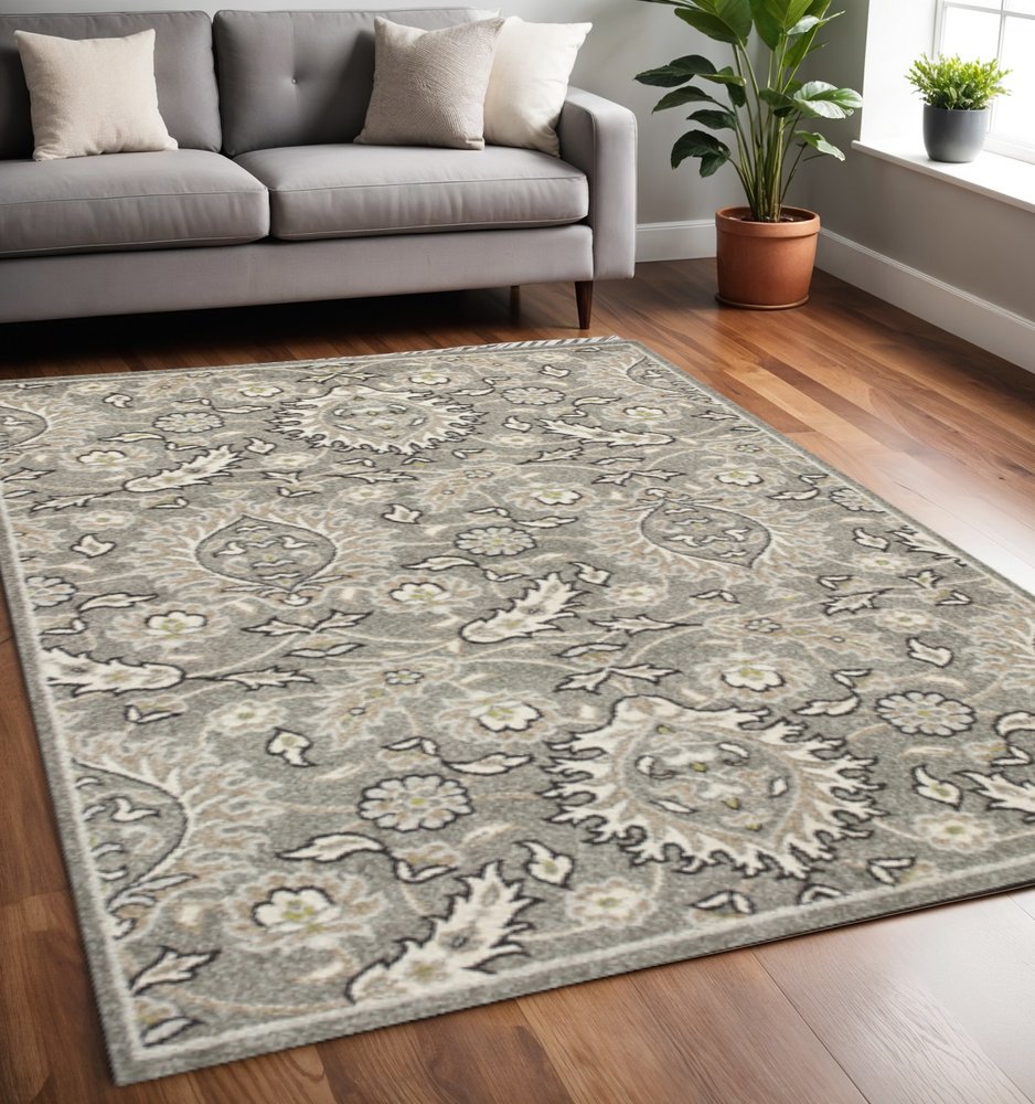 7' X 9' Gray And Ivory Floral Medallion Area Rug With UV Protection