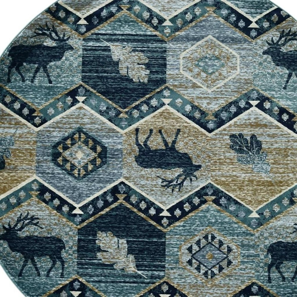 8' Blue And Green Woodland Lodge Round Rug