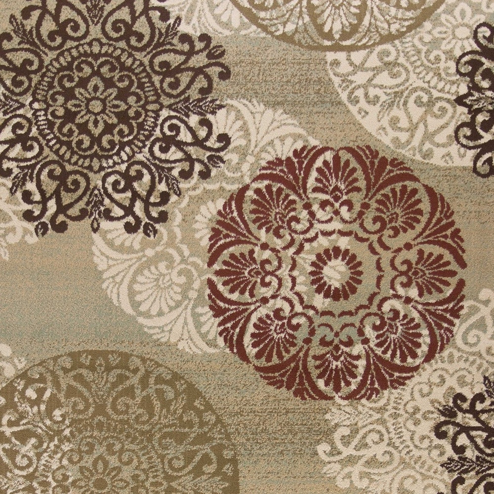 8' X 11' Sage Brown And Ivory Floral Medallion Area Rug
